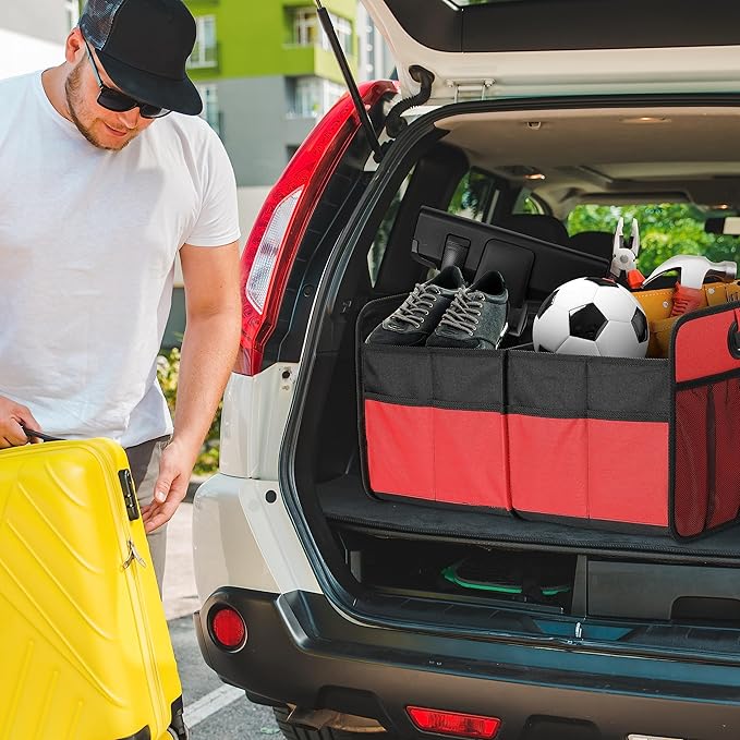 Simple Deluxe Trunk Organizer for Car/SUV/Truck, Collapsible 2 Compartment Automotive Storage Box, 600D Waterproof Oxford Polyester 50L Travel Accessories, Anti-slip & Leak-proof, Red New