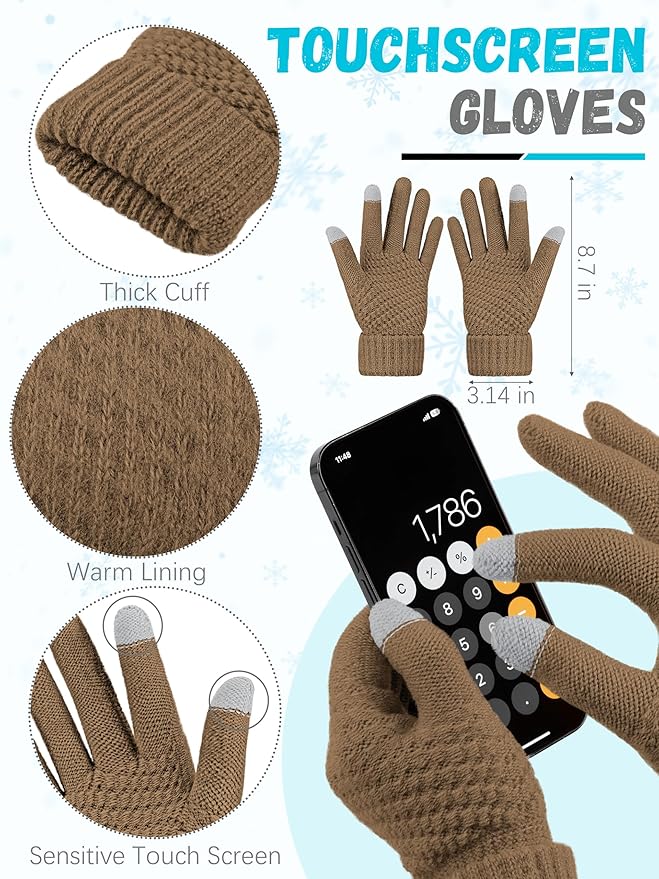 Winter Beanie Hat Scarf Gloves, Warm Fleece Knit Hats Touch Screen Gloves Neck Scarf Set Winter Gifts for Unisex Adult