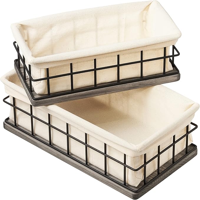 BAOBAB WORKSHOP Set of 2 Metal & Wooden Basket with Liners - Bathroom Basket Organizer & Kitchen Storage Decor - Farmhouse Toilet Paper Baskets for Back of Toilet Tank Tray Topper