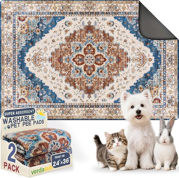 Washable Pee Pads for Dogs, Reusable Puppy Potty Training Pads, Ultra-Absorbent Thick Waterproof Leak-Proof Non-Slip Pads & Mat for Crate, Playpen, Floor, Whelping & Housebreaking , 2 Pack 24"x36"