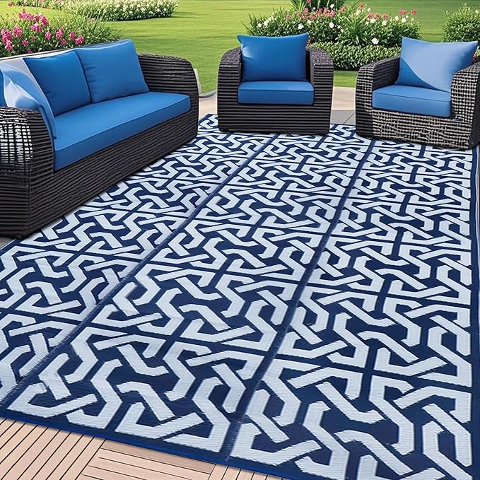 SAND MINE Reversible Mats, Plastic Straw Rug, Modern Area Rug, Large Floor Mat Rug for Outdoors, RV, Patio, Backyard, Deck, Picnic, Beach, Trailer, Camping, Dark Blue & White, 9' x 18'