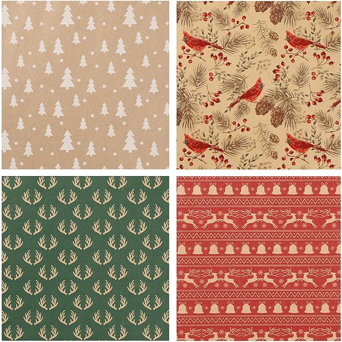 YANGTE Vintage Christmas Wrapping Paper - Brown Kraft Gift Wrap 4 Rolls, 17x120 Inch, Holiday Paper with Classic Brown and Red Patterns for Xmas Gifts