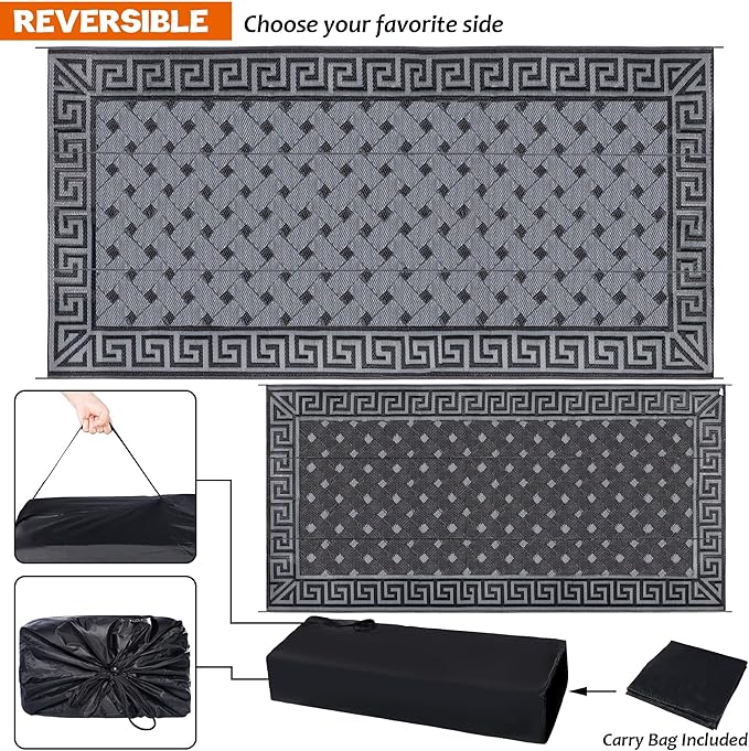 SAND MINE Reversible Mats, Plastic Straw Rug, Modern Area Rug, Large Floor Mat and Rug for Outdoors, RV, Patio, Backyard, Deck, Picnic, Beach, Trailer, Camping (9' x 18', Black & Grey)