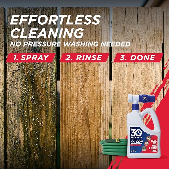 30 Seconds Outdoor Cleaner | Cleans Moss Stains from House, Vinyl Siding, Deck, Patio, Fence - 3 Capped Bottles, 1 Hose End Spray Attachment (64 Fl Oz (Pack of 3)