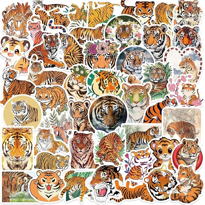 50Pcs Tiger Sticker, Cute Tigers Stickers for Kids Teens Adults, Vinyl Cartoon Animals Decals Kawaii Sticker for Decor Water Bottles Laptops Guitar Scrapbook