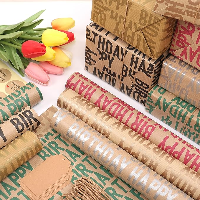 Kraft Brown Recycled Gift Wrapping Paper Set, 12 Sheets with Stickers, Happy Birthday Pattern Design for Kids & Adults, 2028 inches