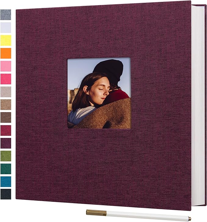 potricher 11x10.6 Inch Self Adhesive Photo Album Linen Cover 80 Pages Sticky 3x5 4x6 5x7 6x8 8x10 8.5x11 Magnetic DIY Scrapbook Photo Album with A Metallic Pen (Purple)