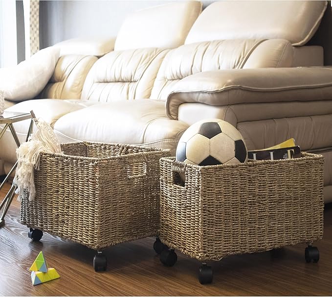 PEMAR Set 2 Nesting Natural Wicker Rolling Storage Baskets on Wheels w Insert Handles, Under Table Under Desk Woven Storage Bins, Mobile File Cabinet Organiser (Seagrass, Sizes M, L Nesting)
