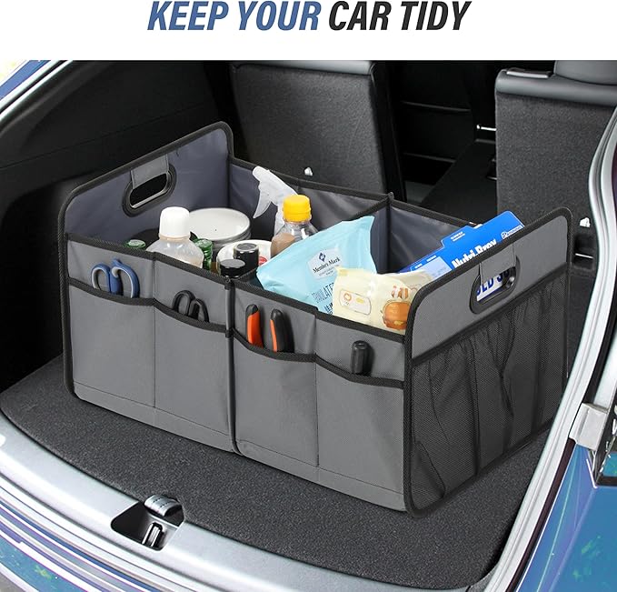 Simple Deluxe Car Trunk Organizer, Collapsible 2 Compartments Trunk Storage, Anti-slip Design, Made of Waterproof 600D Oxford Polyester, Suitable for SUV, Minivan, Truck, Standard Size, Grey