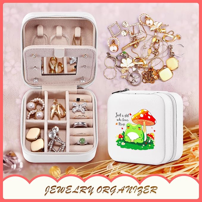 Frog Jewelry Box, Gifts For Teens Girls, Mushroom Frog Lovers Themed Stuff Items Accessories Things Merchandise Decor Merch, Travel Ring Earrings Necklace Organizer Holder!