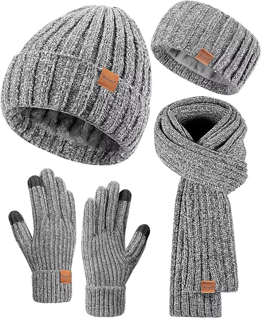 Women Beanie Scarf Gloves Headband Set, Chenille Winter Hats Fleece Lined Ear Warmer Knit Scarf Touchscreen Gloves 4 Gift Set
