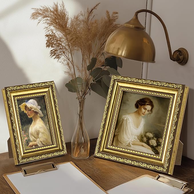 eletecpro 4x4 Picture Frames Set of 4, Ornate Vintage Photo Frames with Glass, Rustic Gold Frame Displays 4x4 Photo for Tabletop, Gold