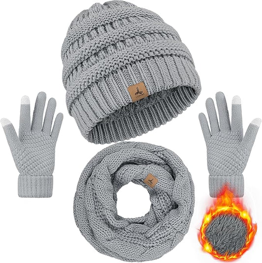 Winter Beanie Hat Scarf Gloves, Warm Fleece Knit Hats Touch Screen Gloves Neck Scarf Set Winter Gifts for Unisex Adult