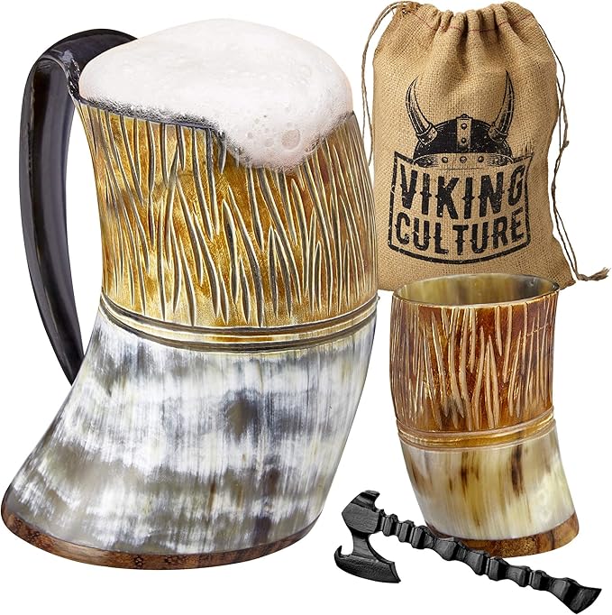 Viking Culture Ox Horn Mug, Shot Glass, and Axe Bottle Opener (3 Pc. Set) Authentic 16-oz. Ale, Mead, and Beer Tankard | Vintage Stein with Handle | Custom Intricate Design - Natural Finish | The Jarl