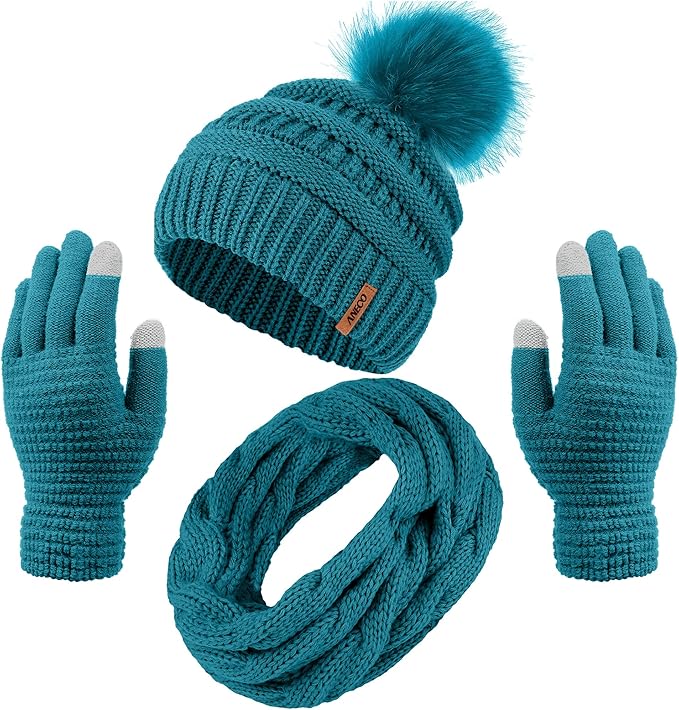 Aneco Womens Winter Warm Sets Knitted Fur Pompoms Beanie Hat Circle Loop Scarf Touch Screen Gloves Winter Favor Accessories