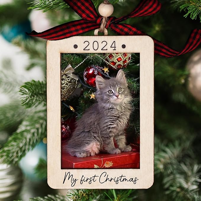Christmas Photo Frame Ornament, 2025 Ornament, Wooden Picture Frame Ornaments With Hanging String (Cat)