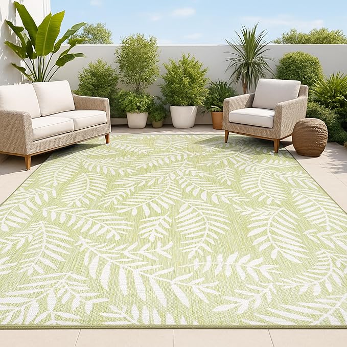 JONATHAN Y Palm Frond Indoor Outdoor Area Rug 5X8 Green/Cream, Nevis for Backyard, Patio, Porch, Easy-Cleaning, High Traffic, Pet-Friendly, Non-Shedding (SMB119D-5)