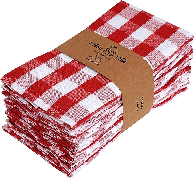 Urban Villa Cloth Napkins 100% Cotton Dinner Napkins Highly Absorbent 20x20 Inches (Set of 12) Red White Buffalo Checks Reusable Washable Soft Durable Premium Napkins Ideal for Home Wedding Parties