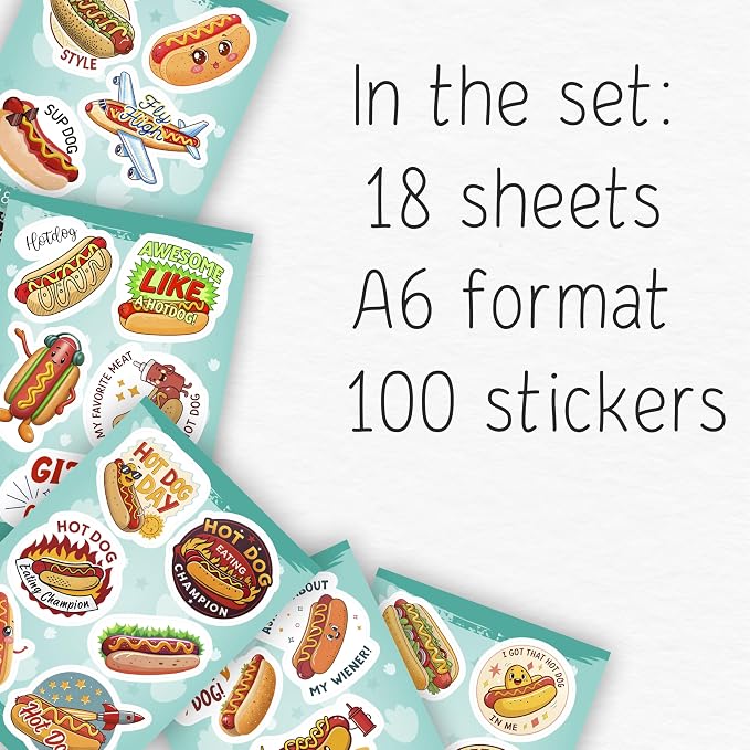 100Pcs Hot Dog Stickers Funny for Water Bottle - Hot Dog Party Decorations, Favors - Food Stickers - Gift for Women & Men
