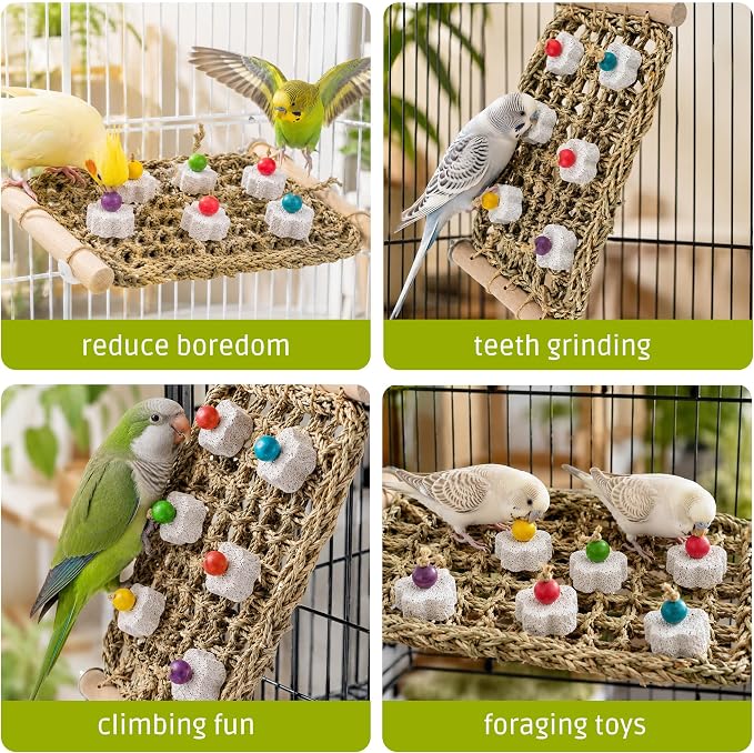 FlidRunest Conure Seagrass Mat with Grinding Calcium Stone Chewing Toy | Parrot Beak Grinding Stone and Seagrass Ladder Bridge Stands, Hand-Woven Net Climbing Net for Budgie Parakeet