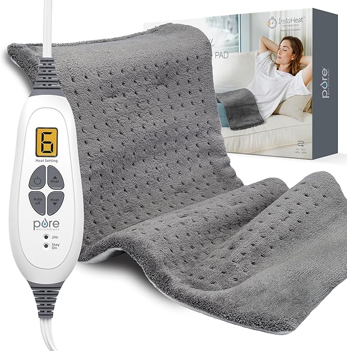 Pure Enrichment® PureRelief® XL Heating Pad - 12" x 24" Electric Heating Pad for Back Pain & Cramps, 6 Heat Settings, Soft Machine Wash Fabric, Auto-Off & Moist Heat (Charcoal Gray)