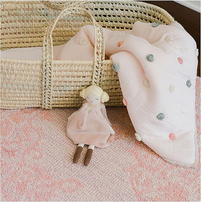Crane Baby Soft Cotton Muslin Nursery Blanket with Pom Pom Trim, 36" X 36", Stroller Blanket for Girls, Pink Nursery Decor, for Girls, 100% Cotton, Polka Dot