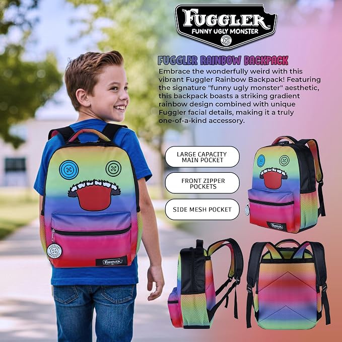 AI ACCESSORY INNOVATIONS Fuggler Backpack with Big Face Oogah Boogah Character, Rainbow Gradient, 16 Inch, Polyester, 3 Pockets, Adjustable Straps, for Kids Ages 5-12