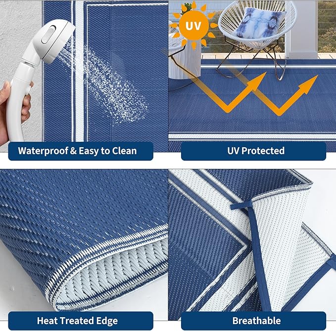 Outdoor Rug 9x18 Waterproof Reversible Mat All Weather Outdoor Plastic Straw Rus Carpet UV Resistant Modern Bordered RV Mat Carpet for Patio Deck Balcony Pool Picnic Blue/White