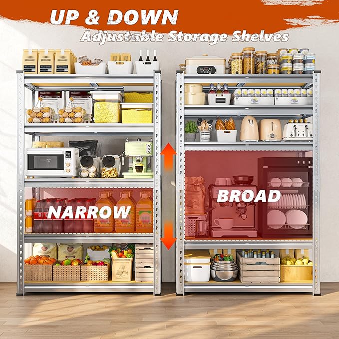 REIBII Garage Shelving, 5 Tier Storage Shelves Load 2400LBS, Adjustable Garage Shelving Heavy Duty, Metal Shelving Unit with Waterproof Columns, 35.5" W x 11.9" D x 72" H, Galvanized, 3 Pack
