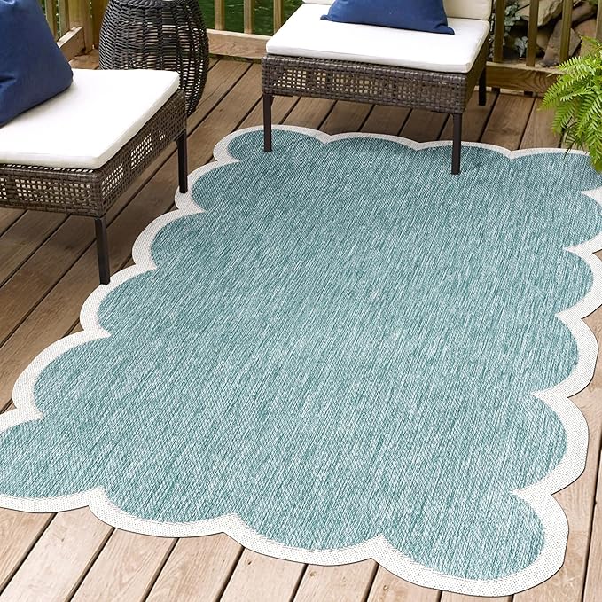 JONATHAN Y Cottage Two-Tone Scalloped Indoor Outdoor Area Rug 5X8 Turquoise/Cream, Alice Classic for Backyard, Patio, Porch, Easy-Cleaning, High Traffic, Pet-Friendly, Non-Shedding (SHP103D-5)