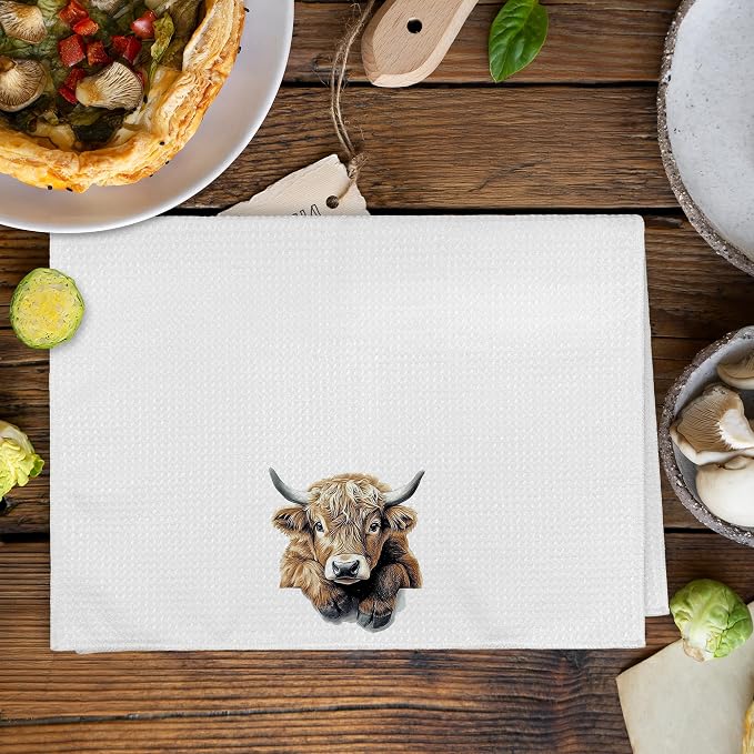 Funny Western Highland Cow Kitchen Towels and Dishcloths Sets of 2, Cow Nursery Decor Gifts, Farmhouse Rustic Cabin Farmhouse Farm Home Decor Dish Hand Tea Towels for Bathroom Kitchen,16x24in