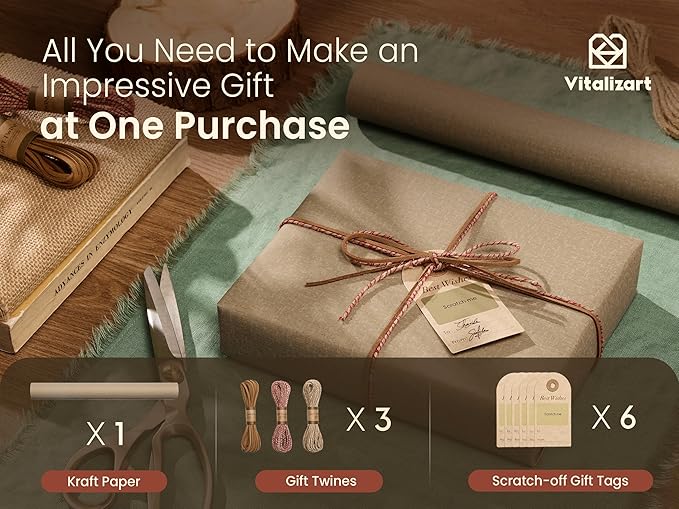 Vitalizart Textured Wrapping Paper Set 30" Roll Twine Ribbons & Tags Extra Thick All-in-One Neutral Tan Kraft Christmas Gift Wrap Birthday Baby Shower Wedding Crafts Vintage Minimalist Housewarming Flower Book