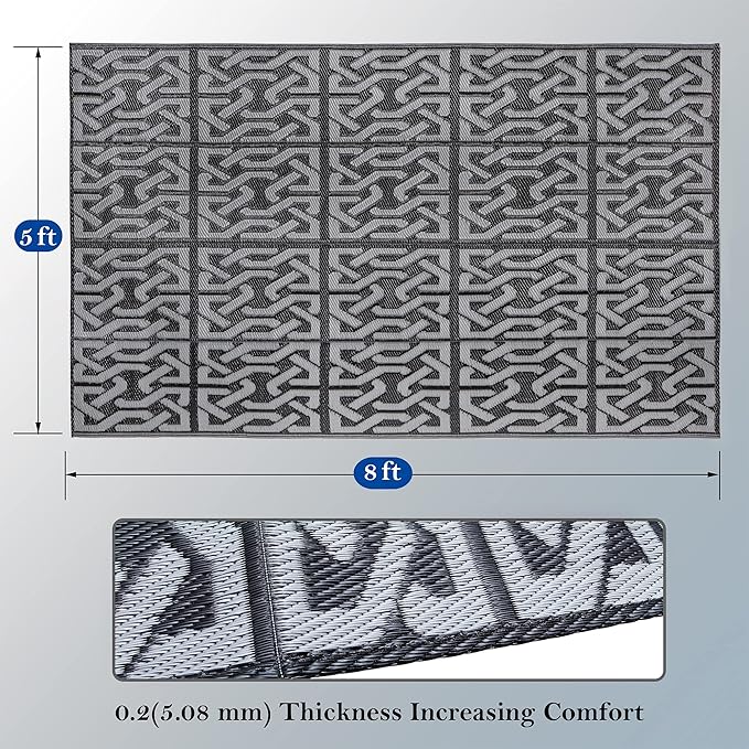 SAND MINE Reversible Mats, Plastic Straw Rug, Modern Area Rug, Large Floor Mat and Rug for Outdoors, RV, Patio, Backyard, Deck, Picnic, Beach, Trailer, Camping (5' x 8', Black & Grey)