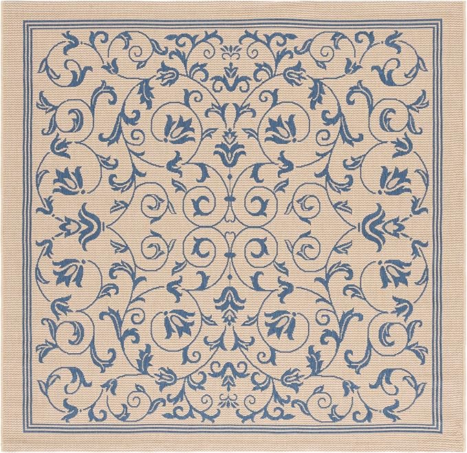 SAFAVIEH Washable Rug Outdoor Courtyard Collection - 7'10" Square, Natural & Blue, Non-Shedding & Easy Cleaning, Ideal for Patio, Backyard, Mudroom (CY2098-3101)