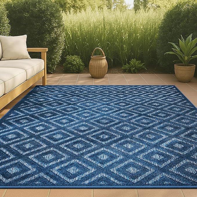 JONATHAN Y Diamond Trellis Indoor Outdoor Area Rug 3X5 Navy, Portmany Neutral for Backyard, Patio, Porch, Easy-Cleaning, High Traffic, Pet-Friendly, Non-Shedding (IBZ104B-3)