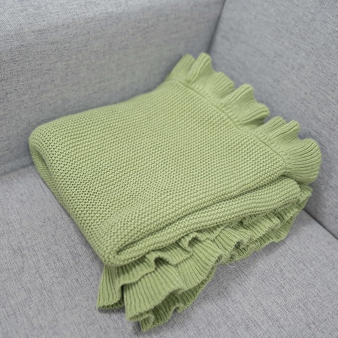 Ruffle Knit Blanket for Baby - 100% Luxury Soft Cotton Knit Warm Cozy Cuddle Stroller Crib Blanket for Newborns, Infants, & Toddlers (Sage Green)