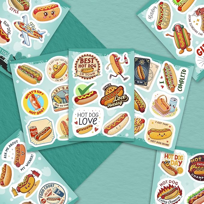 100Pcs Hot Dog Stickers Funny for Water Bottle - Hot Dog Party Decorations, Favors - Food Stickers - Gift for Women & Men