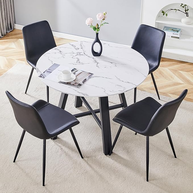 Round Dining Table Set for 4,Modern Round Kitchen Table and Chairs for 4,42" White faux Marble Circle Dining Table with 4 PU Leather Chairs,Circle Dining Table Set for Small Space Apartment Kitchen