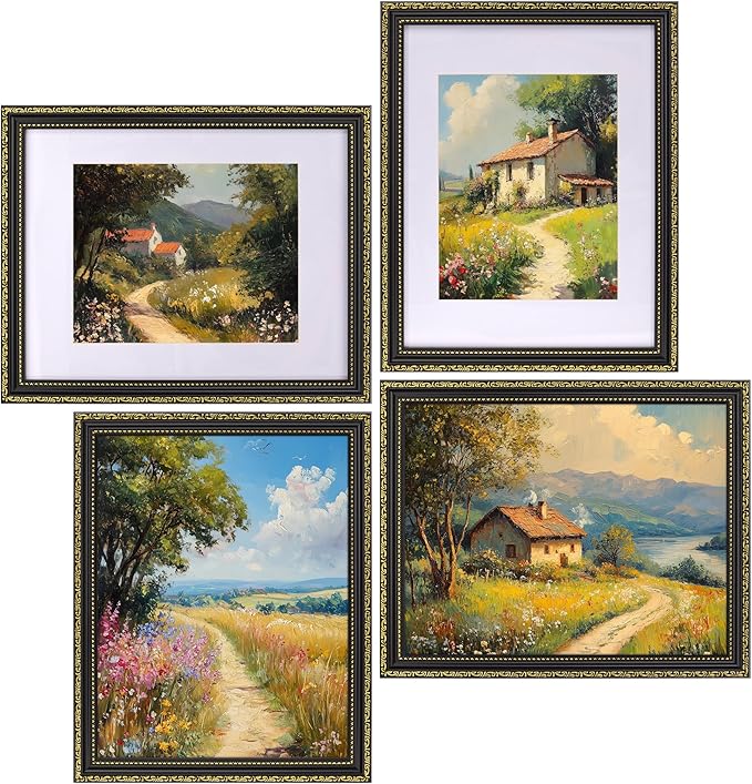 eletecpro 11x14 Picture Frames Set of 4, Vintage Photo Frame with Glass, Black Gold Frames 11 x 14 Display 8x10 Photo with Mat or 11x14 without Mat for Tabletop or Wall Decor, Black Gold