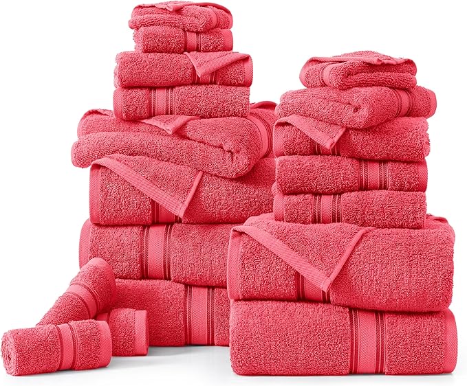 LANE LINEN Towels for Bathroom – 18 Pack, 100% Ring-Spun Cotton, Zero Twist, 6 Bath, 6 Hand Towel & 6 Wash Cloths, Highly Absorbent, Luxury Hotel & Spa Quality, Machine Washable – Honeysuckle