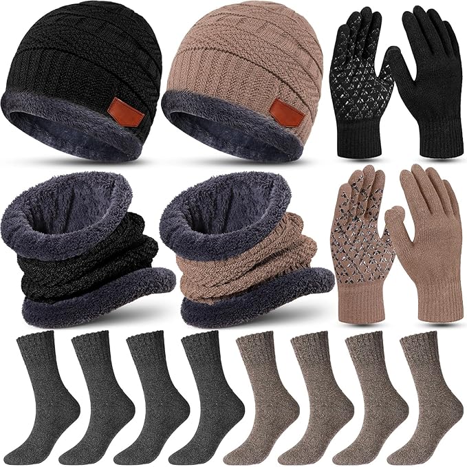10 Pieces Winter Hat Beanie Scarf Touch Screen Gloves and Sock Set Slouchy Knit Skull Cap Beanies Fleece Lining Neck Warmer