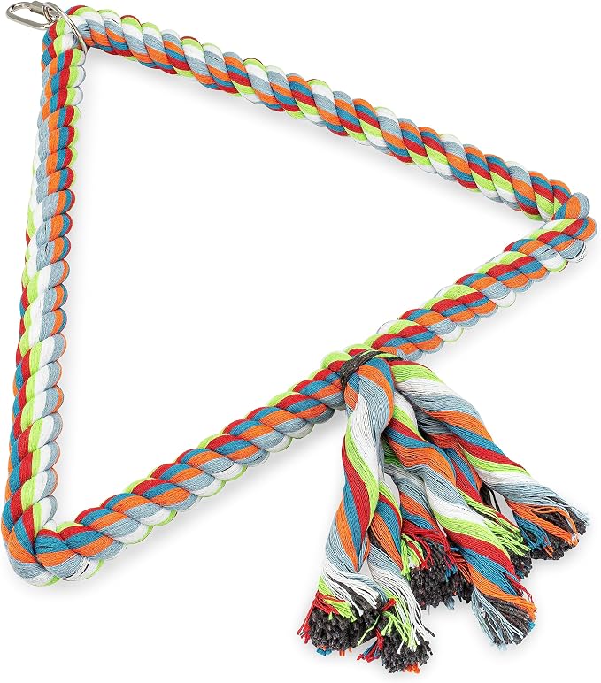 Spoiled Pet® Large Bird Rope Perch Triangle Swing Toy Multicolor 12 Inch | Natural cotton & steel rod cage accessory for Parrots Cockatoos, Safe to climb, chew, relieve boredom, with metal quick link