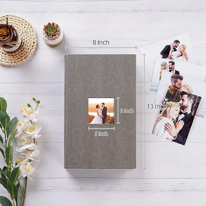 potricher Small Photo Album 4x6 300 Photos Leather Cover Picture Book with 300 Horizontal Pockets for Family Wedding Anniversary and Baby (Gray)