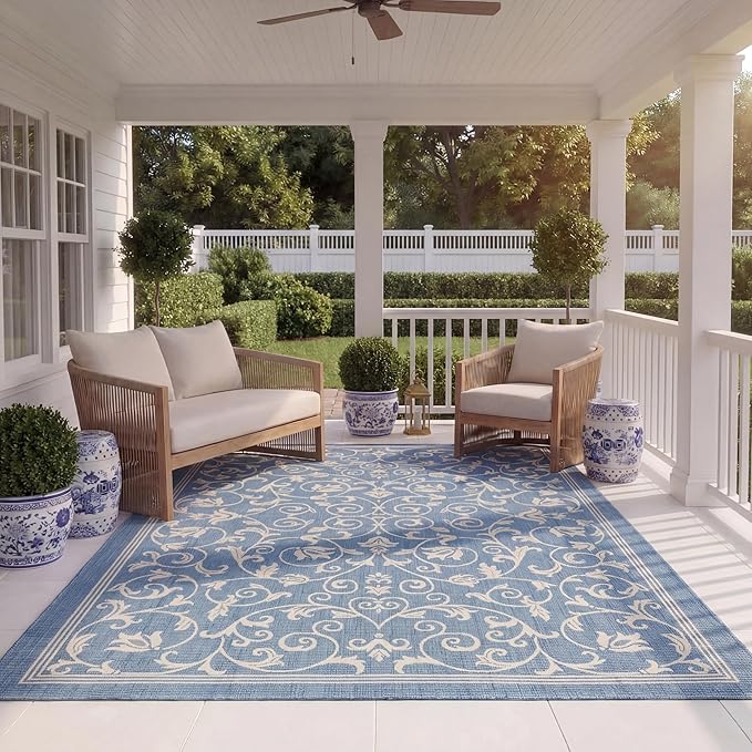 SAFAVIEH Washable Rug Outdoor Courtyard Collection - 8' x 11', Blue & Natural, Non-Shedding & Easy Cleaning, Ideal for Patio, Backyard, Mudroom (CY2098-3103)
