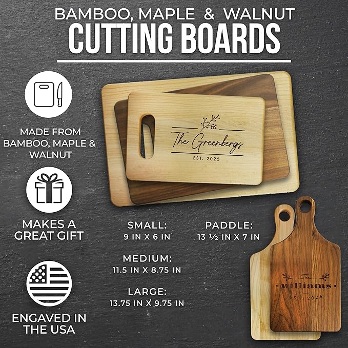 Custom Personalized Walnut, Bamboo or Maple Wood Cutting Board - Engraved and Monogrammed for Wedding, Anniversary, Couples