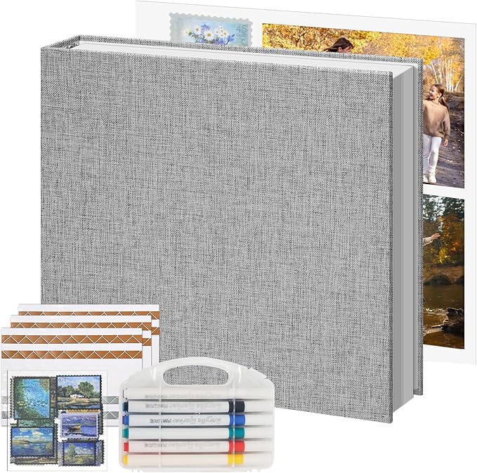 Vienrose Photo Album Scrapbook, 3 Ring 12" x 12" Linen Cover Kraft Paper Memory Book with 50 Sheets 100 Pages, Scrapbook Set for Wedding, Anniversary, Family, Travel, Grey