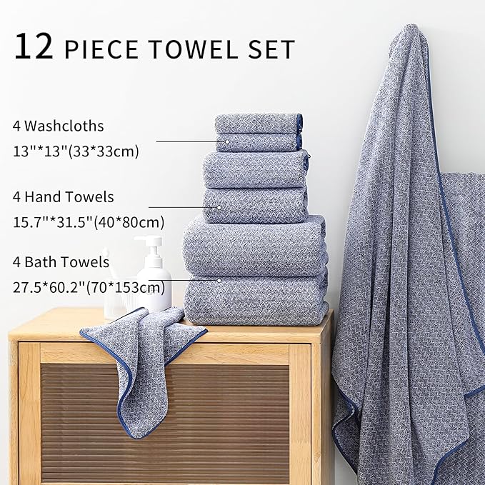 Ultra Soft Bath Towel Set,12 Piece (4 Bath Towels,4 Hand Towels,4 Washcloths) Family Bathroom Towel Set with Hanging Loops,Quick Dry Extra Absorbent Fluffy Shower Towel for Bathroom,Hotel,Spa-Navy