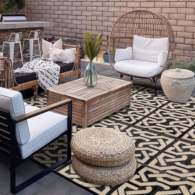 SAND MINE Reversible Mats, Plastic Straw Rug, Modern Area Rug, Large Floor Mat and Rug for Outdoors, RV, Patio, Backyard, Deck, Picnic, Beach, Camping, Trailer, Black & Beige, 9' x 12'
