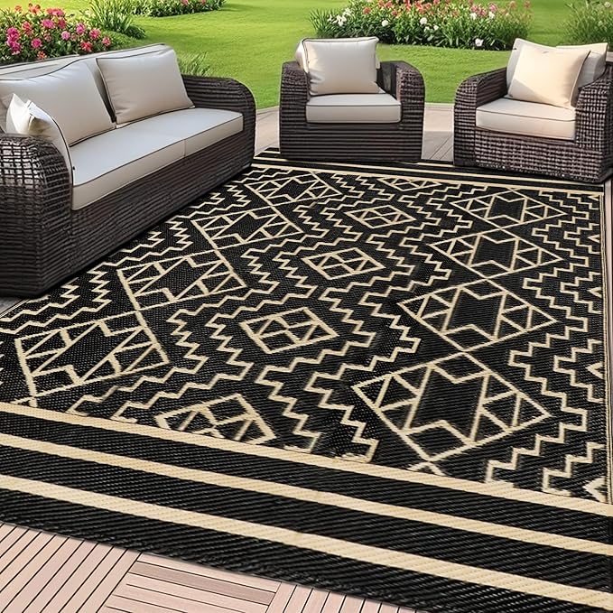 SAND MINE Reversible Mats, Plastic Straw Rug, Modern Area Rug, Large Floor Mat and Rug for Outdoors, RV, Patio, Backyard, Deck, Picnic, Beach, Trailer, Camping (5' x 8', Black & Beige)