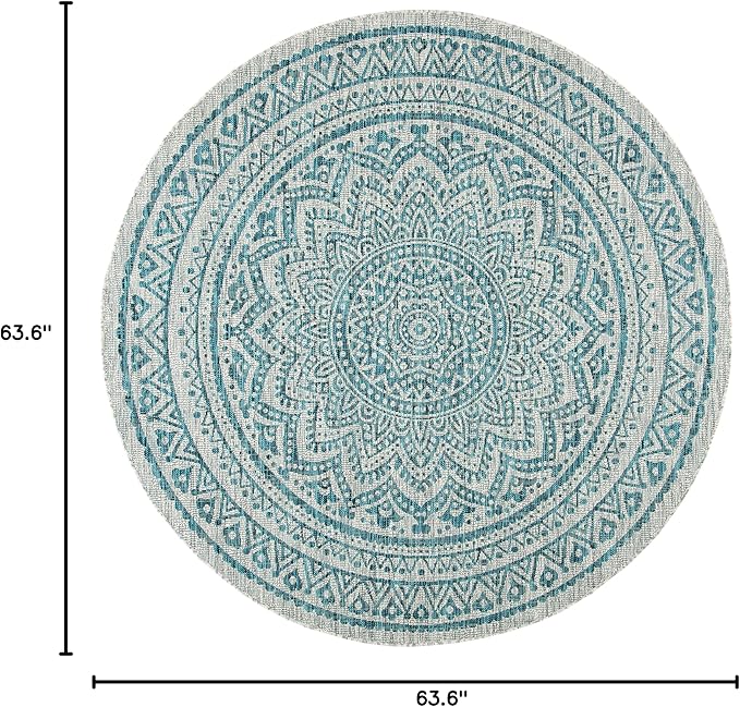 SAFAVIEH Washable Rug Outdoor Courtyard Collection - 5'3" Round, Light Grey & Teal, Non-Shedding & Easy Cleaning, Ideal for Patio, Backyard, Mudroom (CY8734-37212)